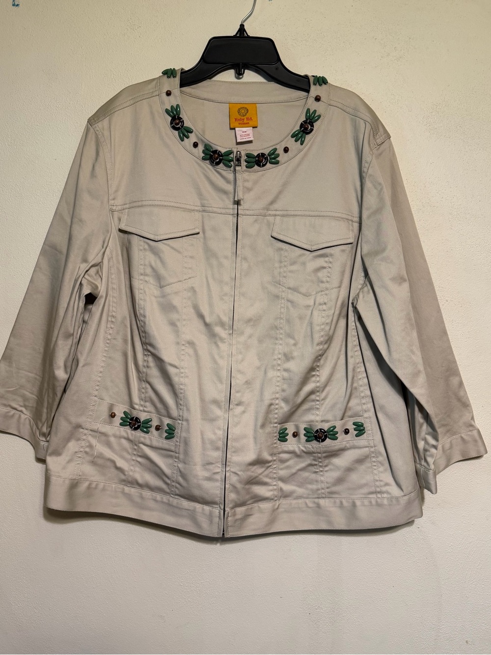 Ruby Rd. Cream Zip-Front Jacket with Green Embroidery